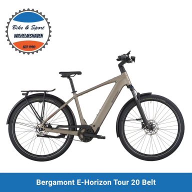 Bergamont E-Horizon Tour 20 Belt E-Bike Bergamont E-Horizon Tour 20 Belt in beige mit Gepäckträger.